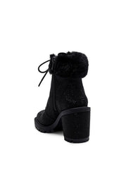Jessica Simpson Deliah Fur Cuff Rhinestone Lace-Up Lug Sole Combat Bootie Black