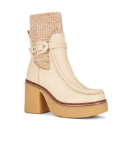 Sam Edelman Sidney Eggshell Leather Pull On Rounded Toe Ribbed Knit Fabric Boots