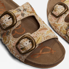 Sam Edelman Orianna Ivory Multi Sequin Beads Open Toe Double Strap Slide Sandal