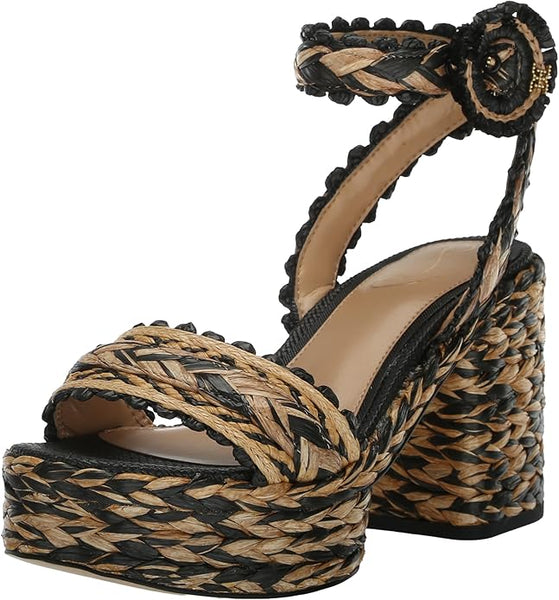 Sam Edelman Iliana Black/Natural Raffia Ankle Strap Open Toe Block Heeled Sandals