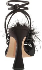 Sam Edelman Layton Black Suede Ankle Strap Spool Heeled Feather Detailed Sandals