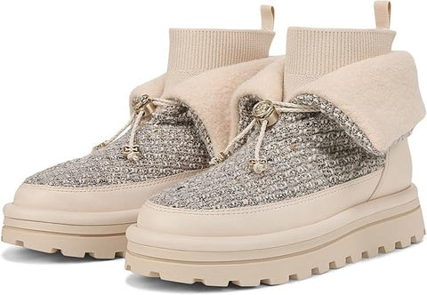 Sam Edelman Olin Ivory Fabric Sock Fur Pull On Platform Snow Bootie Ankle Boots