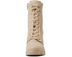 Nine West Vega7 Light Natural Lace Up Textile Rounded Toe Block Heel Ankle Boots