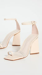 Schutz Avva Eggshell Clear Vamp Buckled Strap Open Toe Block Heeled Sandals