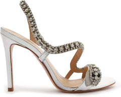 Schutz Court Prata Metallic Crystal Studs Pull On Open Toe Stiletto Heel Sandals