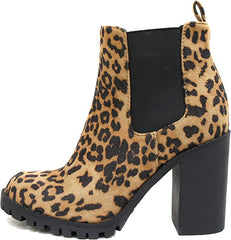 Soda Glove Chelsea Camel Leopard Chunky Lug Sole Elastic Gore Ankle Boots
