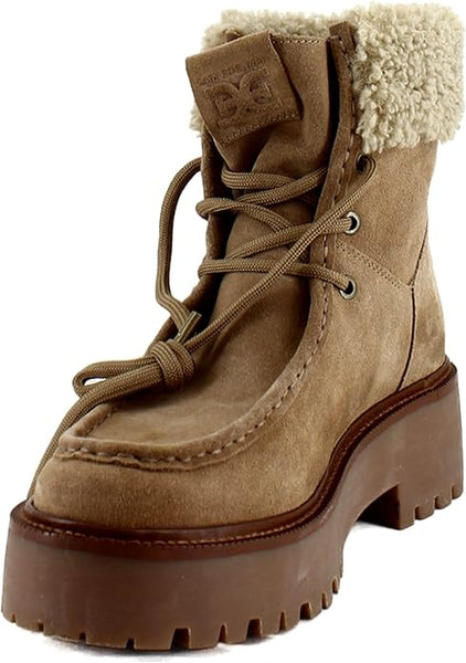 Sam Edelman Elara Light Almond Leather Lug Sole Lace Up Shearling Booties