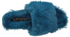 Jessica Simpson Gema Teal Blue Open Toe Furry Wedge Platform Mule Slide Sandals