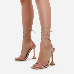 LuxeModa Emily Nude Square Toe Lace Up Pyramid Heel Tie Up Strappy Pumps