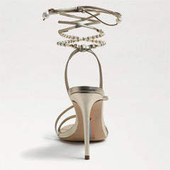 Sam Edelman Scarlette Gold Ankle Tie Up Stiletto Leather Heeled Sandals