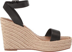 Steve Madden Upstage Black Leather Ankle Strap Open Toe Wedge Heeled Sandals