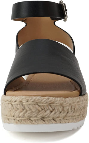 Soda Topics Black Pu Espadrille Platform Ankle Strap Studded Platform Sandals