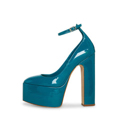 Steve Madden Platform Pump Skyrise Teal Patent Block Heel Toe Ankle Strap Pumps