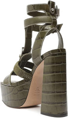 Schutz Platform Military Green Croc-Embossed Heel Dainty Sandals