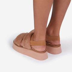 Luxemoda Tata Fluffy Stripe Platform Slip On Open Toe Faux Fur Slippers