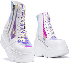 Cape Robbin Radio Holographic Platform Ankle Chunky Block Heels Boots White