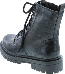 Soda Firm Black Croco Lace Up Round Toe Chunky Platform Combat Ankle Wide Boots