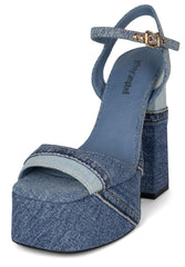 Jeffrey Campbell Girlfriend Blue Denim Combo Ankle Strap Block Heeled Sandals