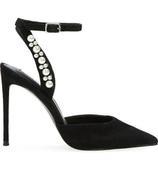 Steve Madden Vary Black Suede Pearl Ankle Strap Pointed Toe Stiletto Pump