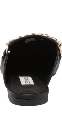 Steve Madden Faine Black Leather Pointed Toe Slip On Chain Detail Flat Mules