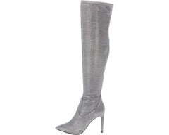 Nine West Tacy2 Pewter Zip Closure Leather Over The Knee Stiletto Heeled Boots