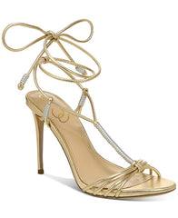 Sam Edelman Safiya Gold Silver Open Toe T-Strap Ankle Lace Up Stiletto Sandals