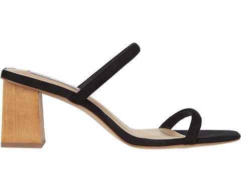 Steve Madden Honey Black Slip On Rounded Toe High Wood-Look Block Heel Sandals