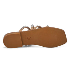 Steve Madden Selina Tan Squared Open Toe Spike Detailed Slip On Flats Sandals
