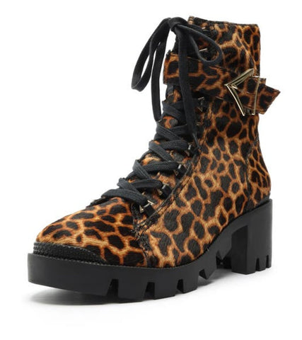 Schutz Leopard Print Lace Up Round Toe Platform Mid Heel Combat Boots
