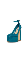 Steve Madden Platform Pump Skyrise Teal Patent Block Heel Toe Ankle Strap Pumps