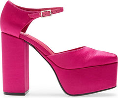 Jeffrey Campbell Ovr-N-Out Fuchsia Satin Square-Toe Ankle Strap Platform Pumps