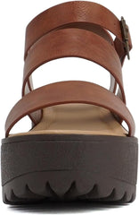 Soda Account Cognac Pu Ankle Strap Rounded Open Toe Strappy Block Heeled Sandals