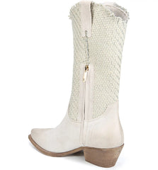 Sam Edelman Brenda Off White Stacked Heel Pointy Toe Woven Mid-Calf Western Boot