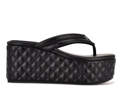 Nine West Newya Black Slip On Rounded Open Toe Platform Wedge Heeled Sandals