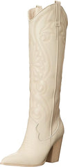 Steve Madden Lasso Bone Leather Pull On Block Heel Pointed Toe Knee High Boots