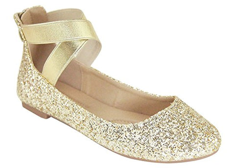Anna Dana-20 Women's Ballerina Flats With Elastic Crossing Straps Gold Glitter