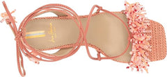 Sam Edelman Walda Stucco Pink Tie Up Square Open Toe Block Heeled Beaded Sandals