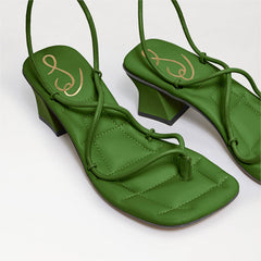 Sam Edelman Fae Thyme Green Leather Square Open Toe Strappy Tie Up Heeled Sandal