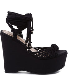 SCHUTZ Kary Black Tie Around Ankle Fabric High Platform Wedge Sandals