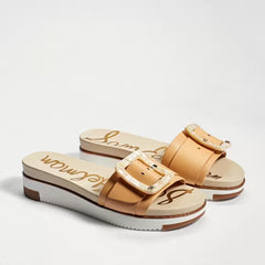 Sam Edelman Ariane Natural Sand Open Toe Buckle Flat Leather Slides Sandals