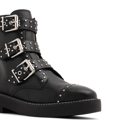 Schutz Caligas Black Studded Buckled Straps Side Zipper Round Toe Combat Boots