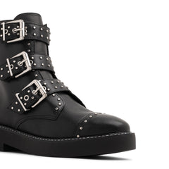 Schutz Caligas Black Studded Buckled Straps Side Zipper Round Toe Combat Boots