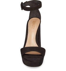 Schutz Mikella Black Nubuck Suede Platform Ankle Strap Open Toe Pumps Sandals