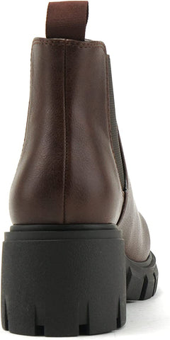 Soda Pioneer Lug Sole Mid Heel Gore Chelsea Fashion Ankle Elastic Booties Brown