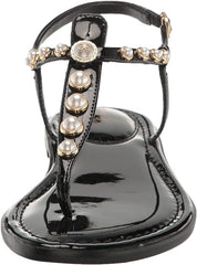 Sam Edelman Gigi Black Pearl Ankle Strap Open Toe Embellished Thong Flat Sandals
