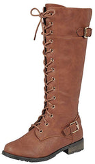 Forever Link Mango-27 Women's Strappy Lace-up Knee High Combat Stacked Heel Boot (10)