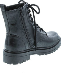 Soda Firm Black Croco Lace Up Round Toe Chunky Platform Combat Ankle Wide Boots
