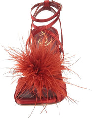 Sam Edelman Layton Red Mahogany Ankle Strap Spool Heeled Feather Detailed Sandals