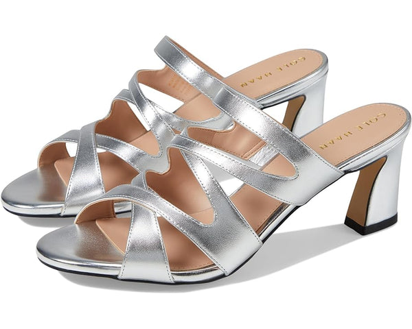 Cole Haan Alyse Silver Specchio Leather Open Toe Slip On Block Heeled Sandals