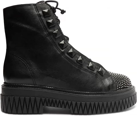 Schutz Melany Black Lace Up Platform Wedge Flatform Combat Rhinestones Booties